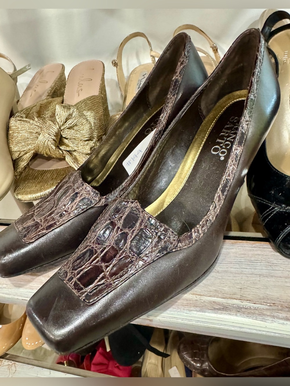Franco Sarto Dark Brown Croc-Trim Square Toe Pumps